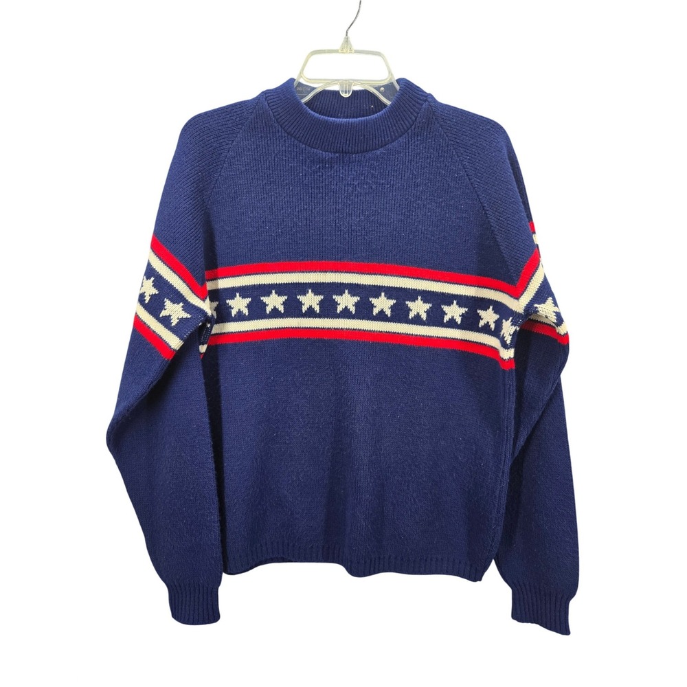 Vtg Amana Woolen Mills Mens Stars Stripes Blue Orlon Sweater USA S Flag July 4th